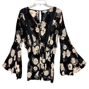 Go Coco L Romper Black Beige Floral Bell Sleeves Whimsigoth Witchy Dark Fairy